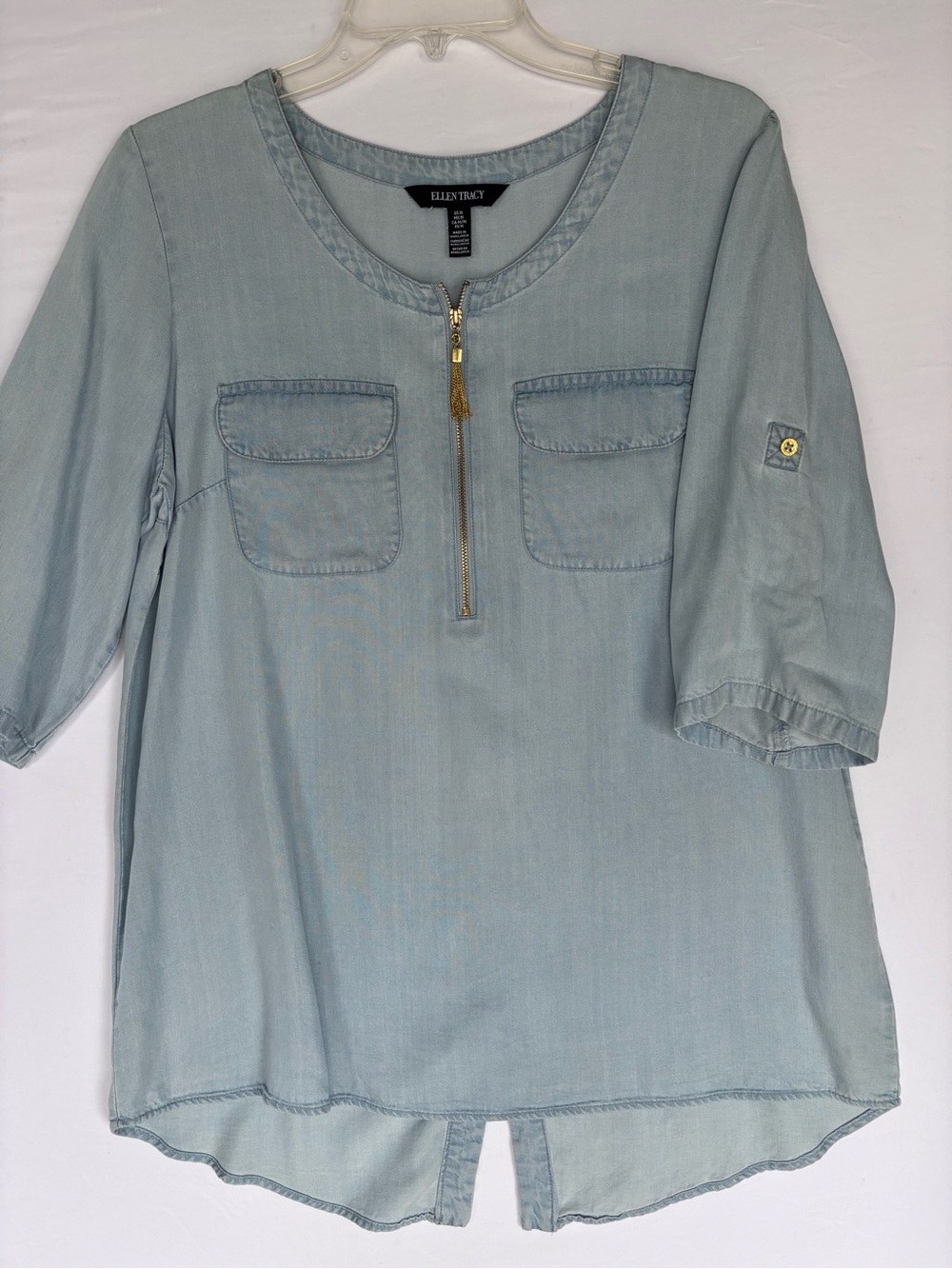 Ellen Tracy Light Blue Zip-Front Tunic with Tassel